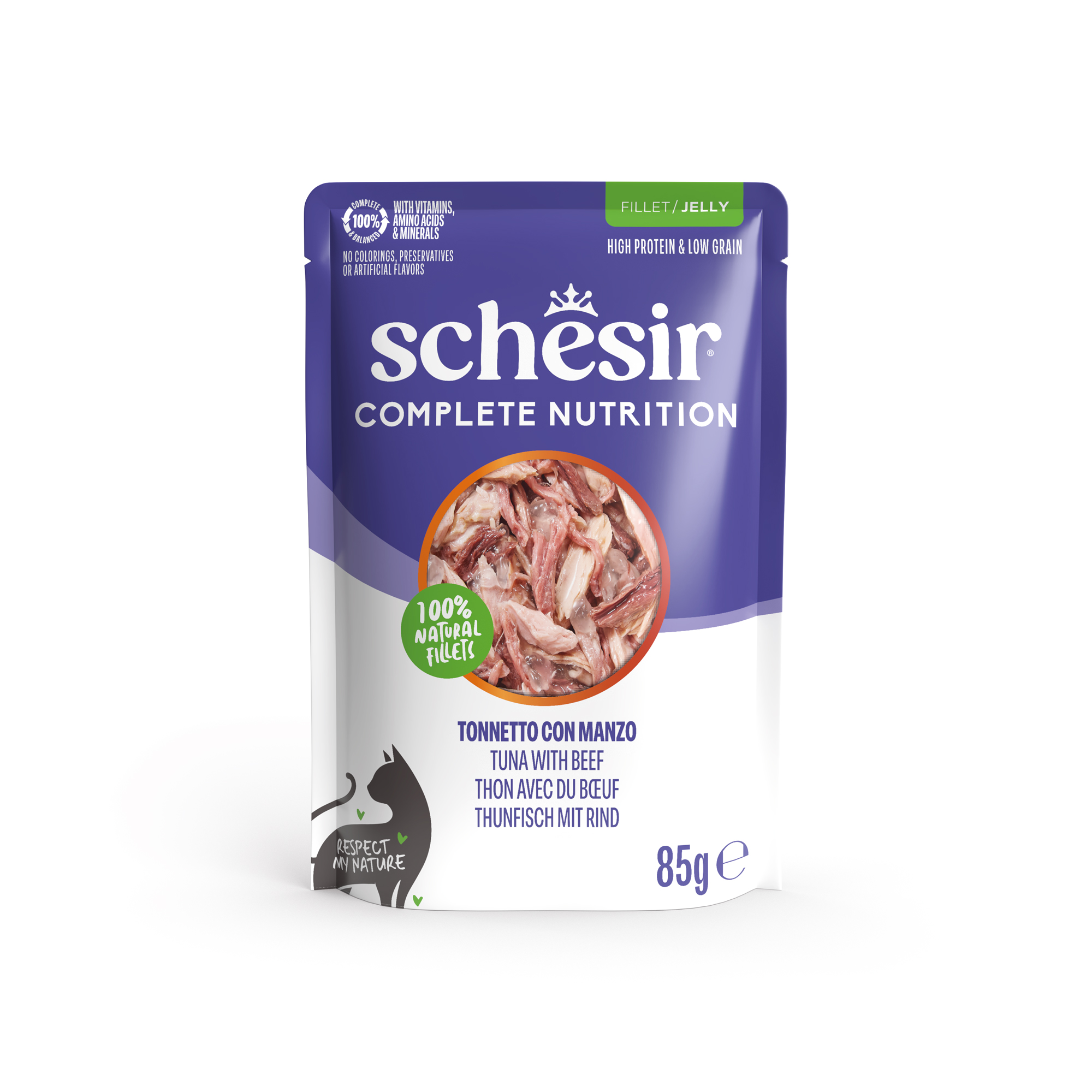 Schesir Complete & Balanced — Wet cat food in jelly, tuna and beef, pouch, 85 g