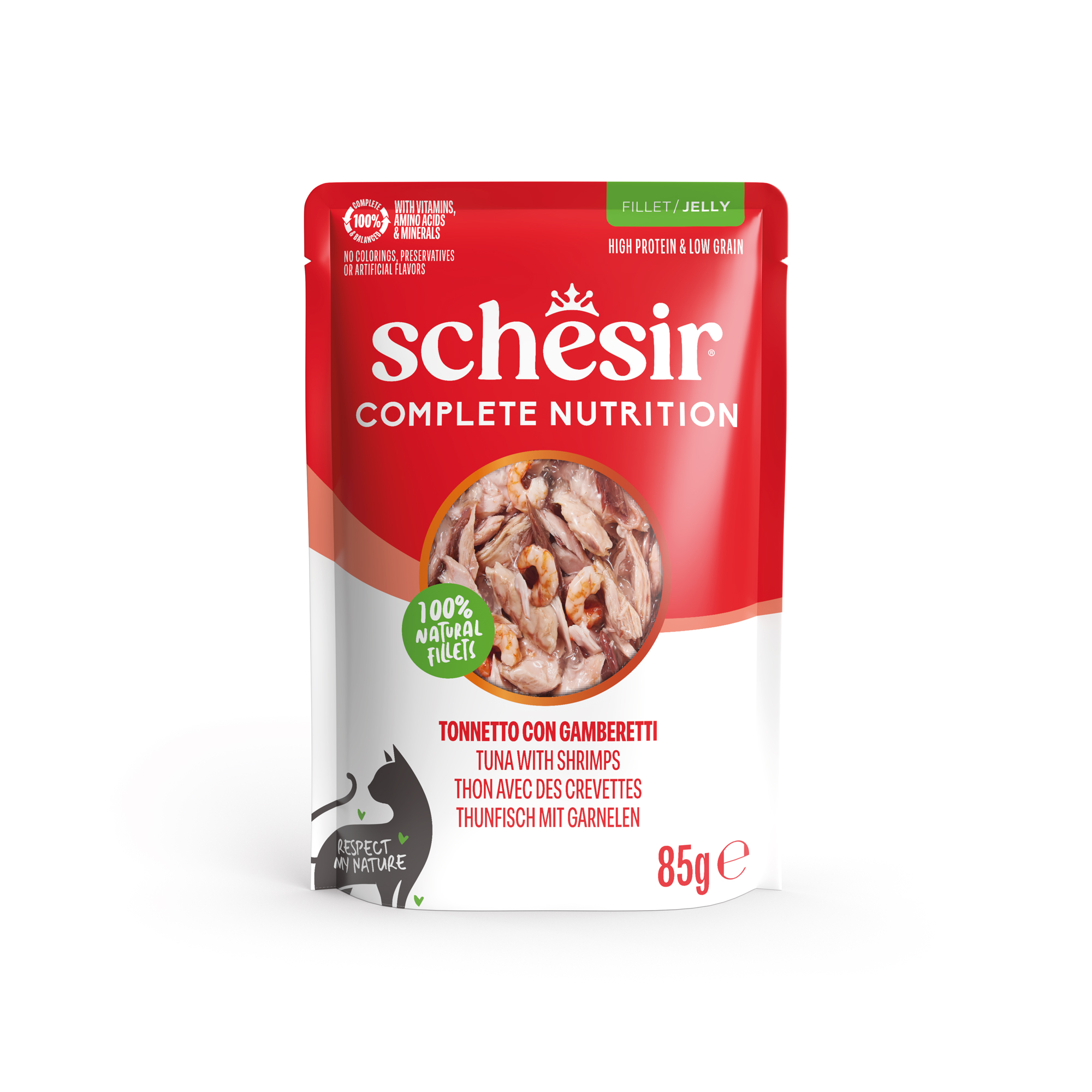 Schesir Complete & Balanced — Wet cat food in jelly, tuna and shrimp, pouch, 85 g