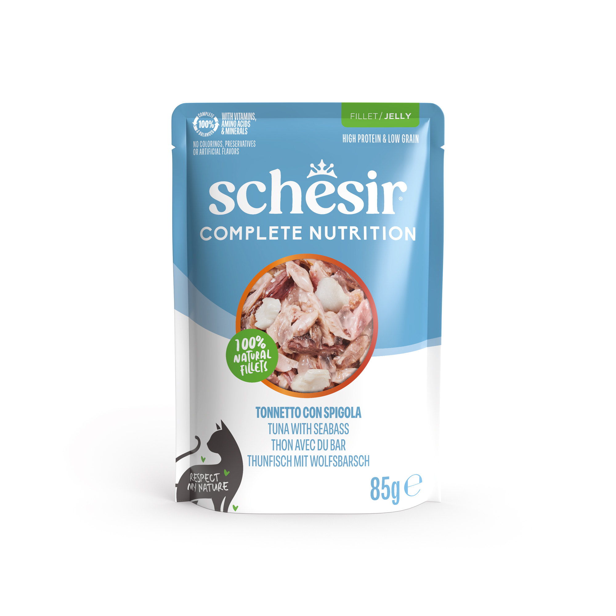 Schesir Complete & Balanced — Wet cat food in jelly, tuna and sea bass, pouch, 85 g