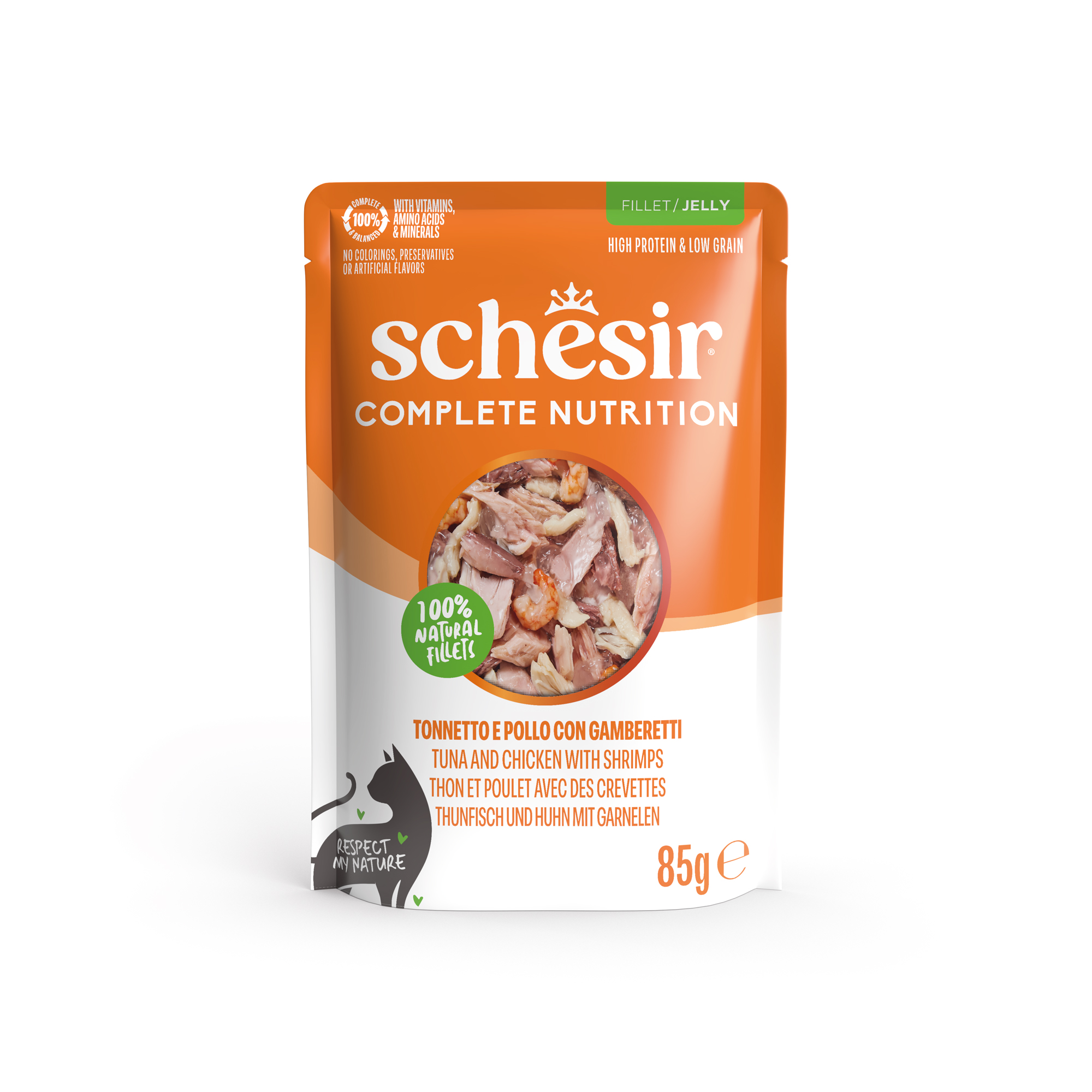 Schesir Complete & Balanced — Wet cat food in jelly, tuna, chicken and shrimp, pouch, 85 g