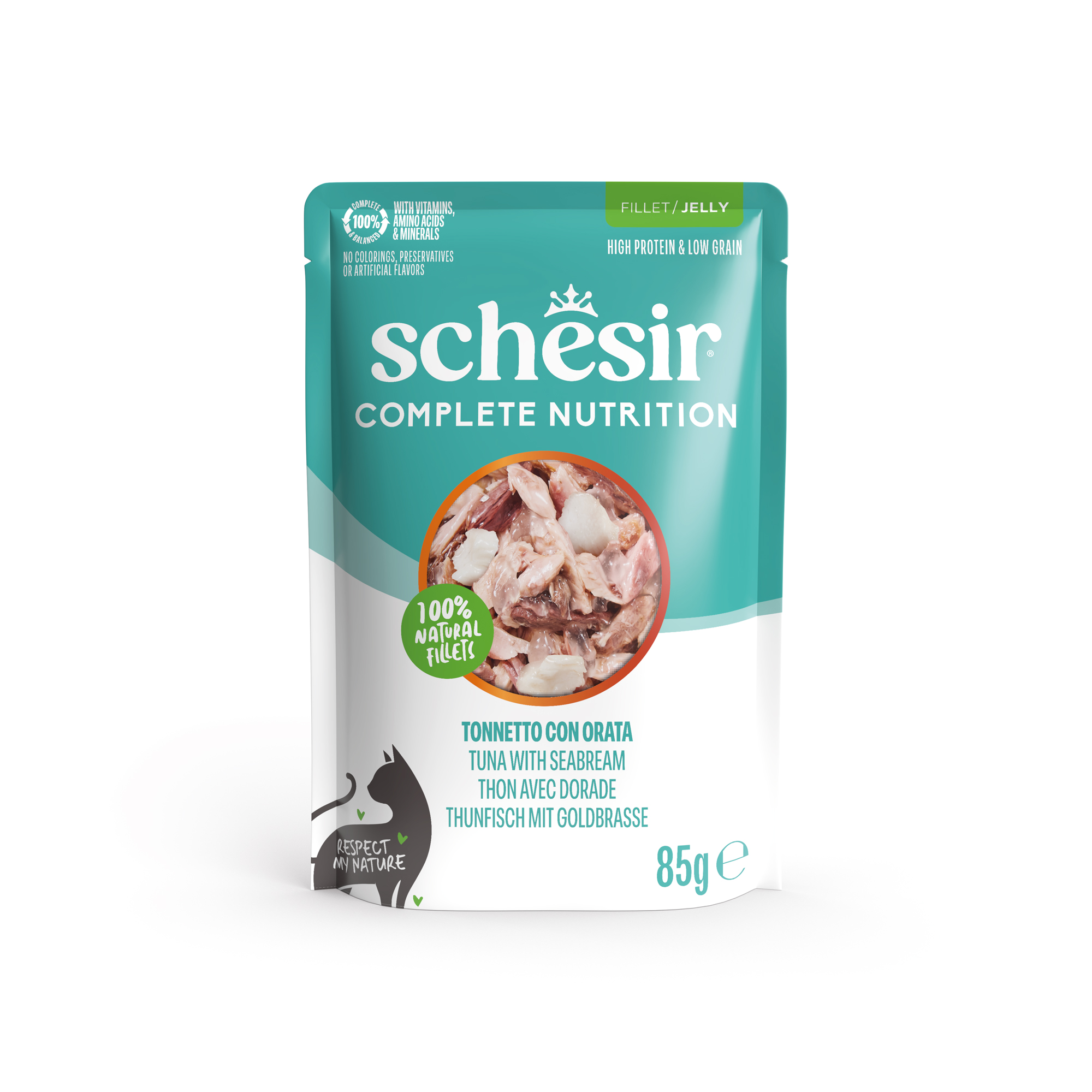 Schesir Complete & Balanced — Wet cat food in jelly, tuna and sea bream, pouch, 85 g