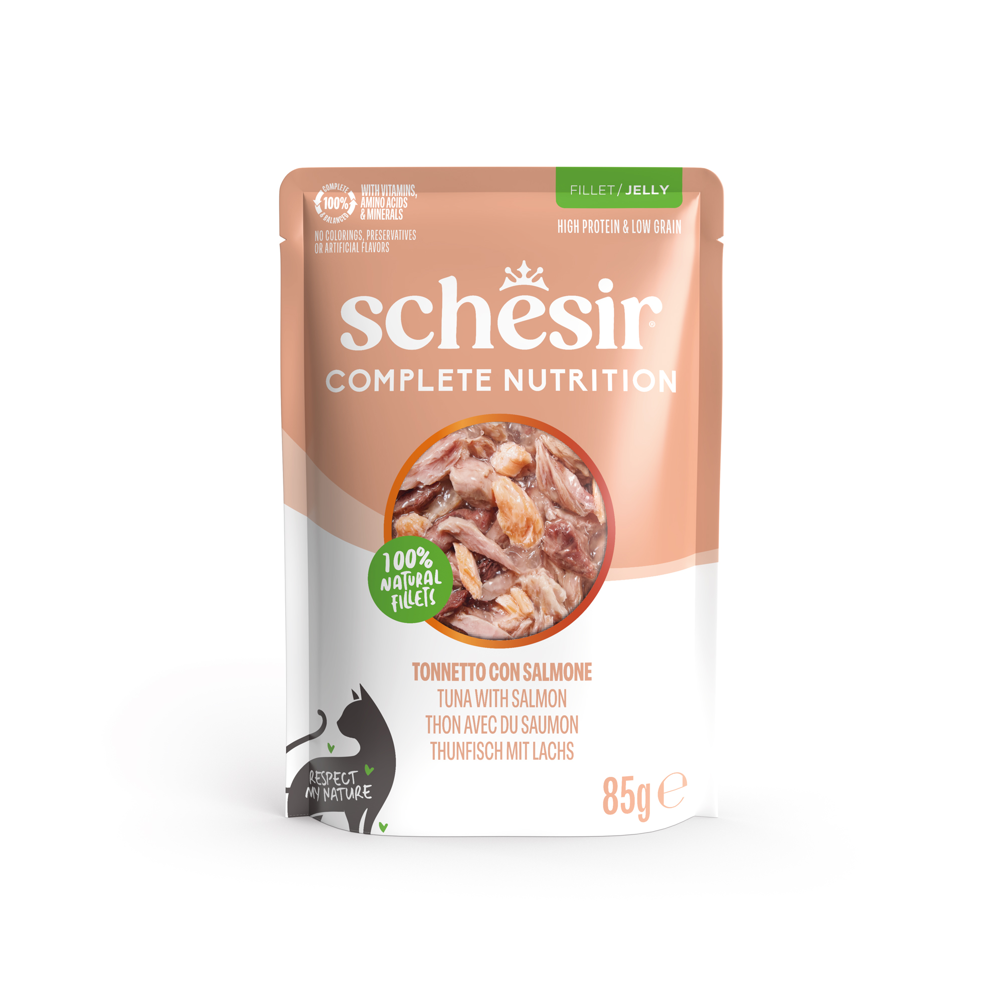 Schesir Complete & Balanced — Wet cat food in jelly, tuna and salmon, pouch, 85 g