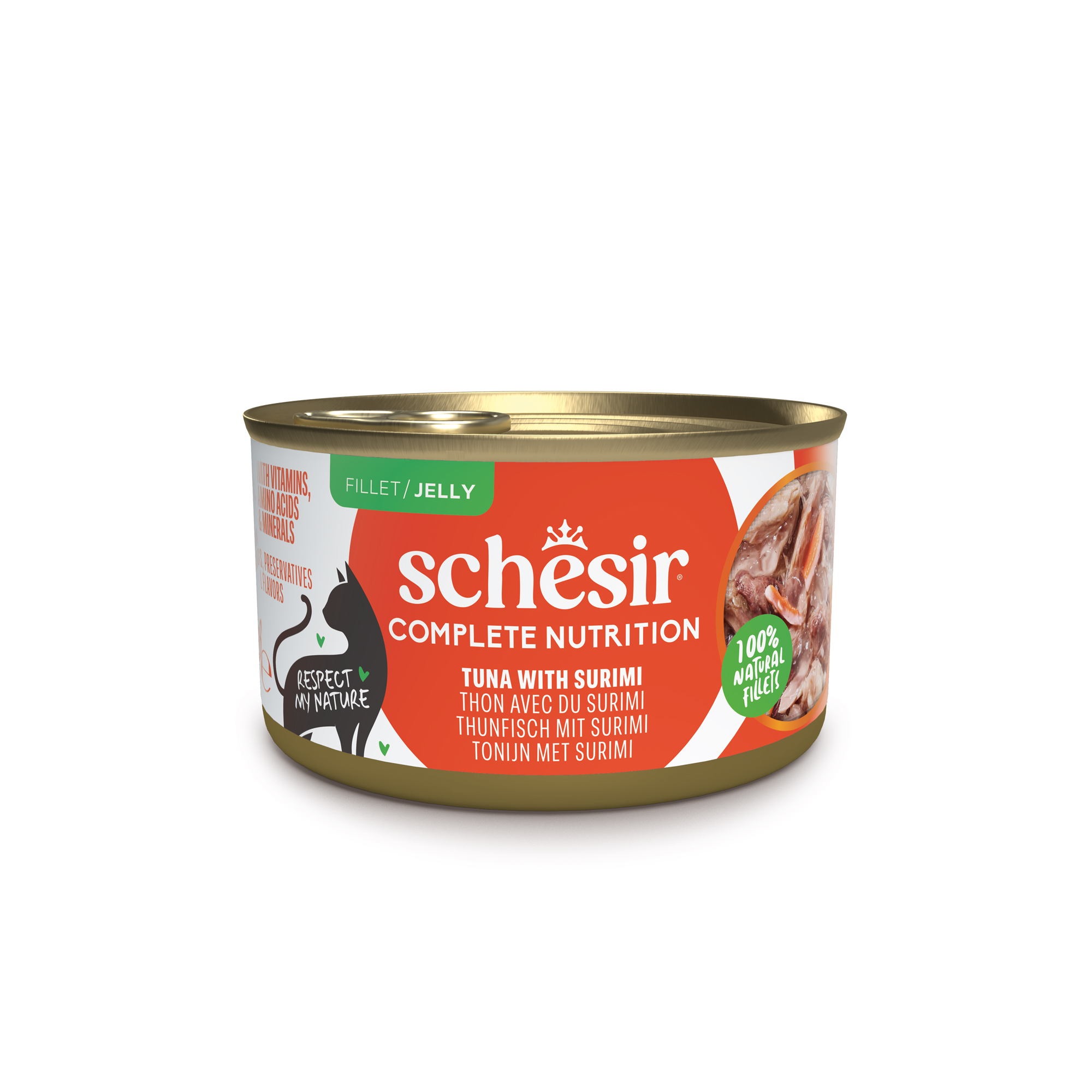 Schesir Complete & Balanced — Wet cat food in jelly, tuna and surimi, can, 85 g