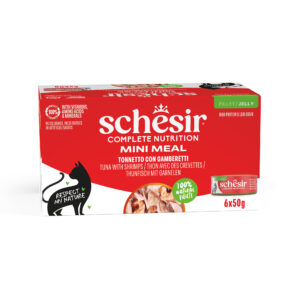 Schesir Complete & Balanced — Wet cat food in jelly, tuna and shrimp, multipack of cans, 6 × 50 g